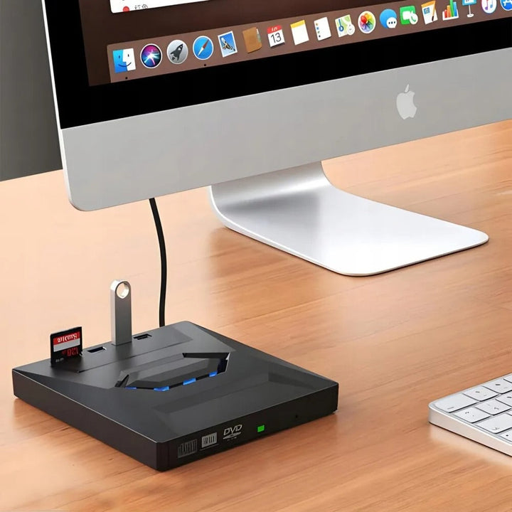 Laptop accessory: external DVD/CD drive, USB hub, & SD card reader. Enables easy data transfer & media playback.