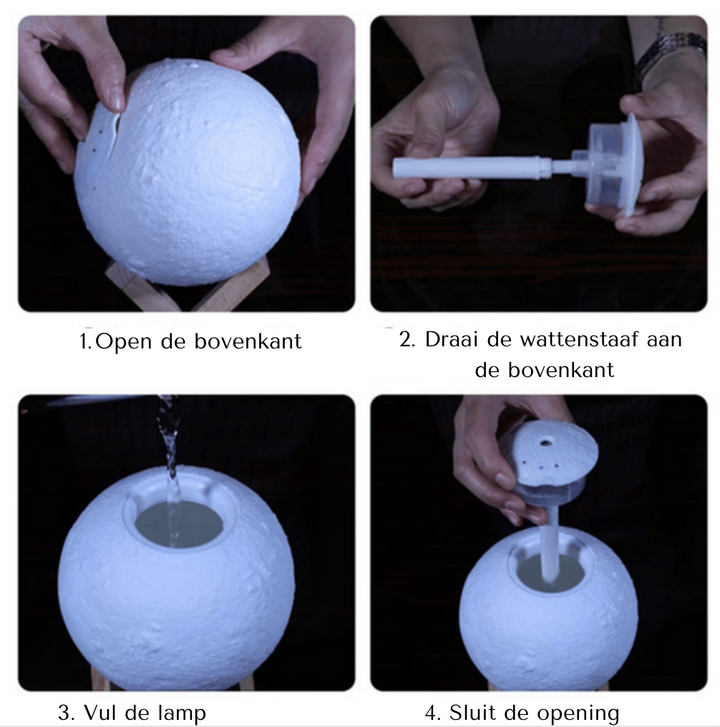 Air purifier, humidifier, & moon lamp combo. USB portable design for aromatherapy, clean air & ambient lighting.