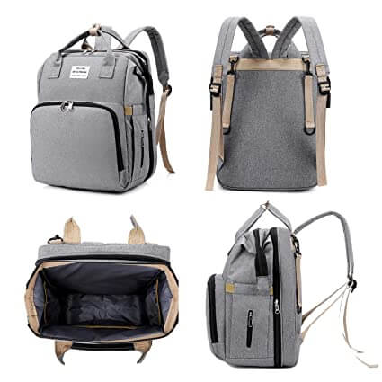 Modern design portable baby bed and changing station integrated into a travel backpack.