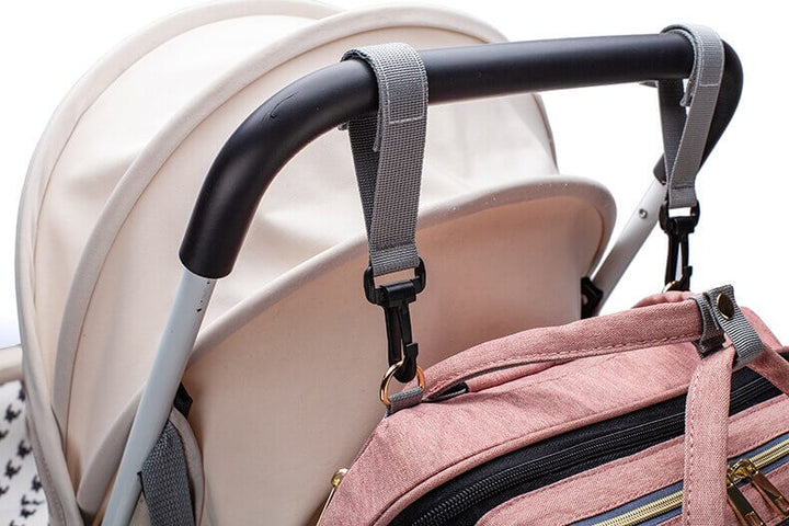 A close-up of the waterproof fabric on the multi-function baby bed and changing bag.