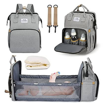 Lightweight baby gear: a convertible travel backpack, bed, and changing station.