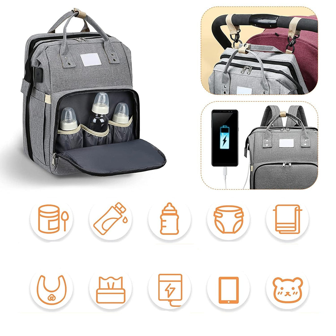 On-the-go parent using a portable baby bed & changing station travel backpack with infant.