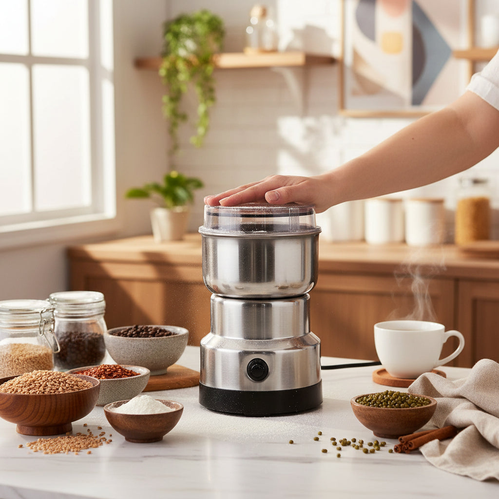Portable electric grinder for coffee beans, herbs & spices. Compact one-touch kitchen tool for dry ingredients.