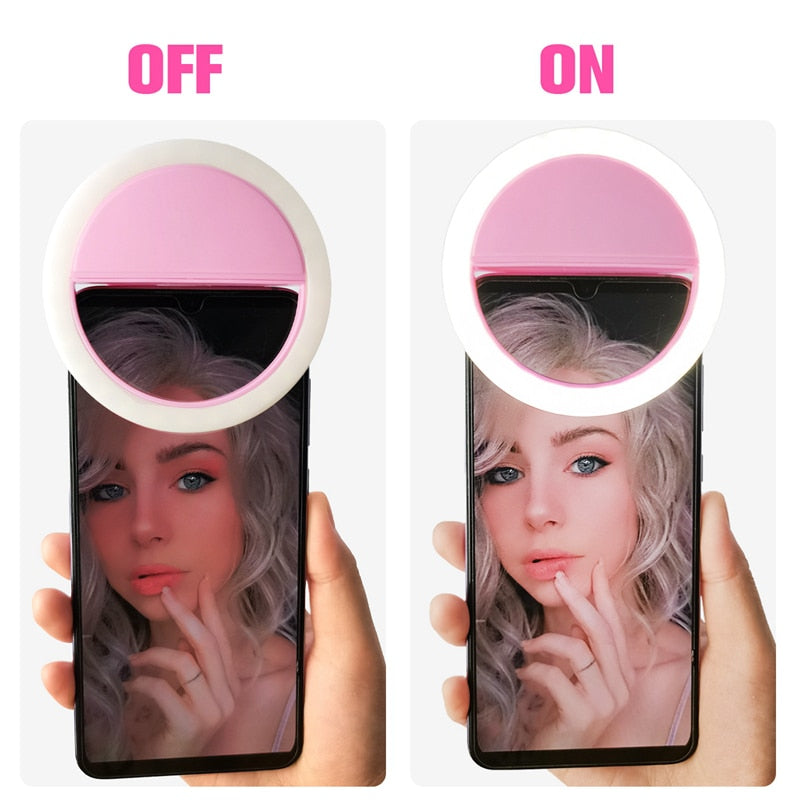Adjustable LED selfie light clips onto phone, great for YouTube videos, TikToks & live streams.