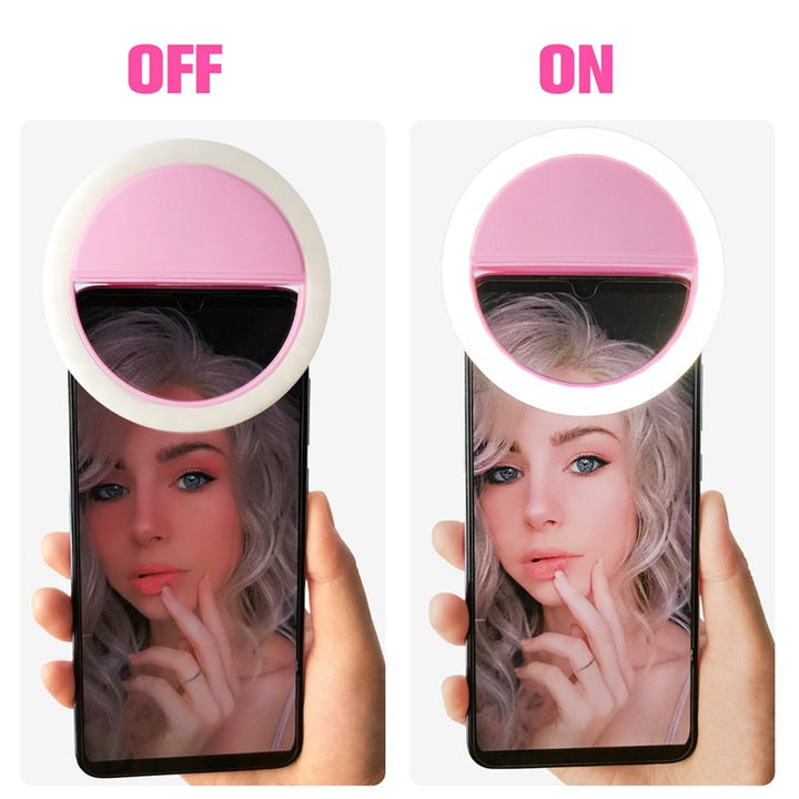 Adjustable LED selfie light clips onto phone, great for YouTube videos, TikToks & live streams.
