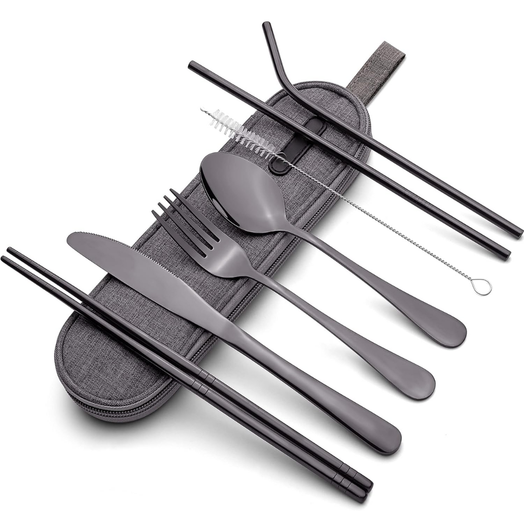 Portable stainless steel cutlery set for travel and on-the-go dining.