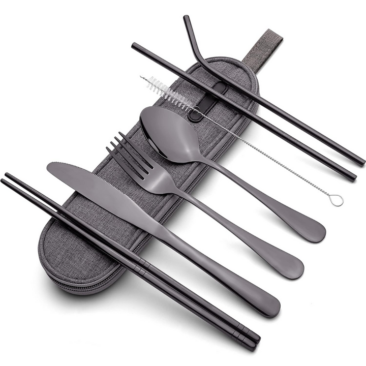 Portable stainless steel cutlery set for travel and on-the-go dining.