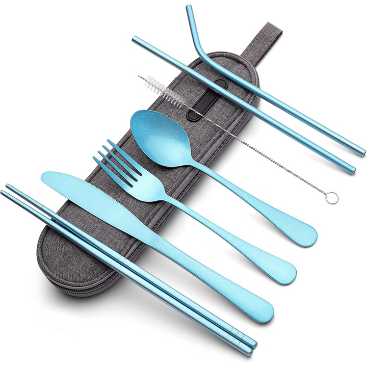 Compact stainless steel travel cutlery with chopsticks.