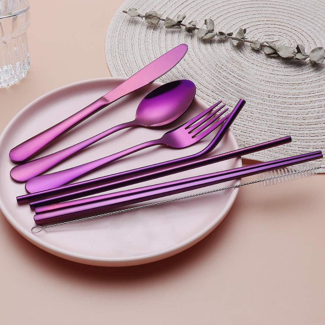 Stainless steel flatware set with travel case for daily use.