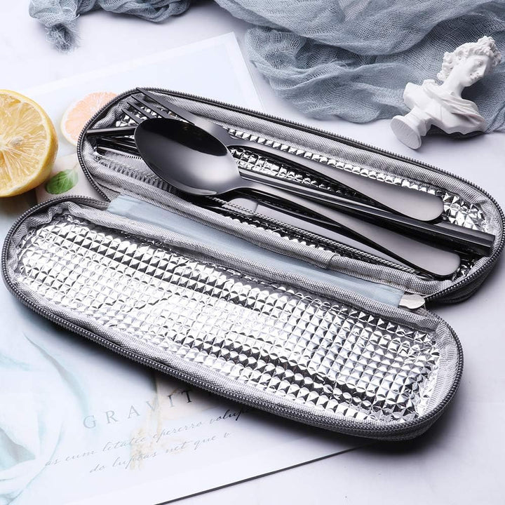 Portable stainless steel fork, spoon, knife for school lunches.