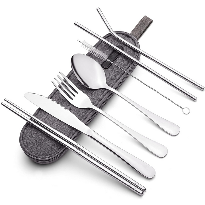 Compact stainless steel travel utensil set with fork, spoon, knife.