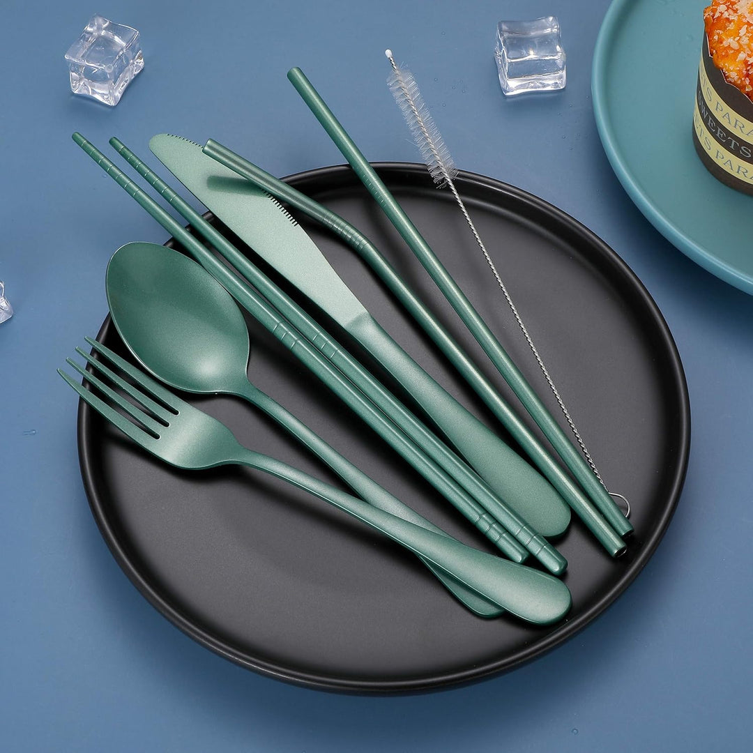 Compact stainless steel travel dining set for backpacking.