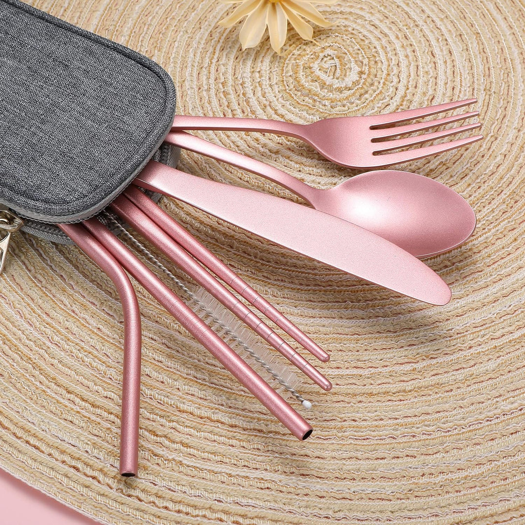 Portable stainless steel cutlery with cleaning brush.