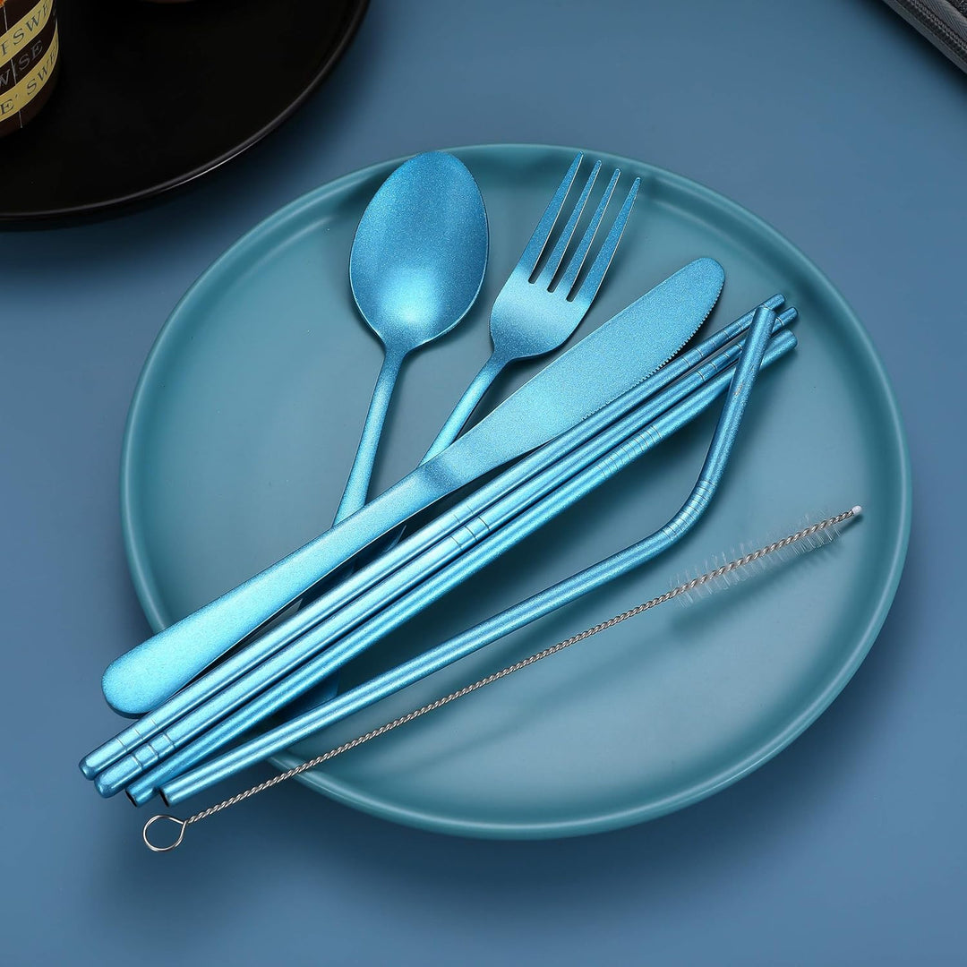 Reusable stainless steel dining set for outdoor adventures.