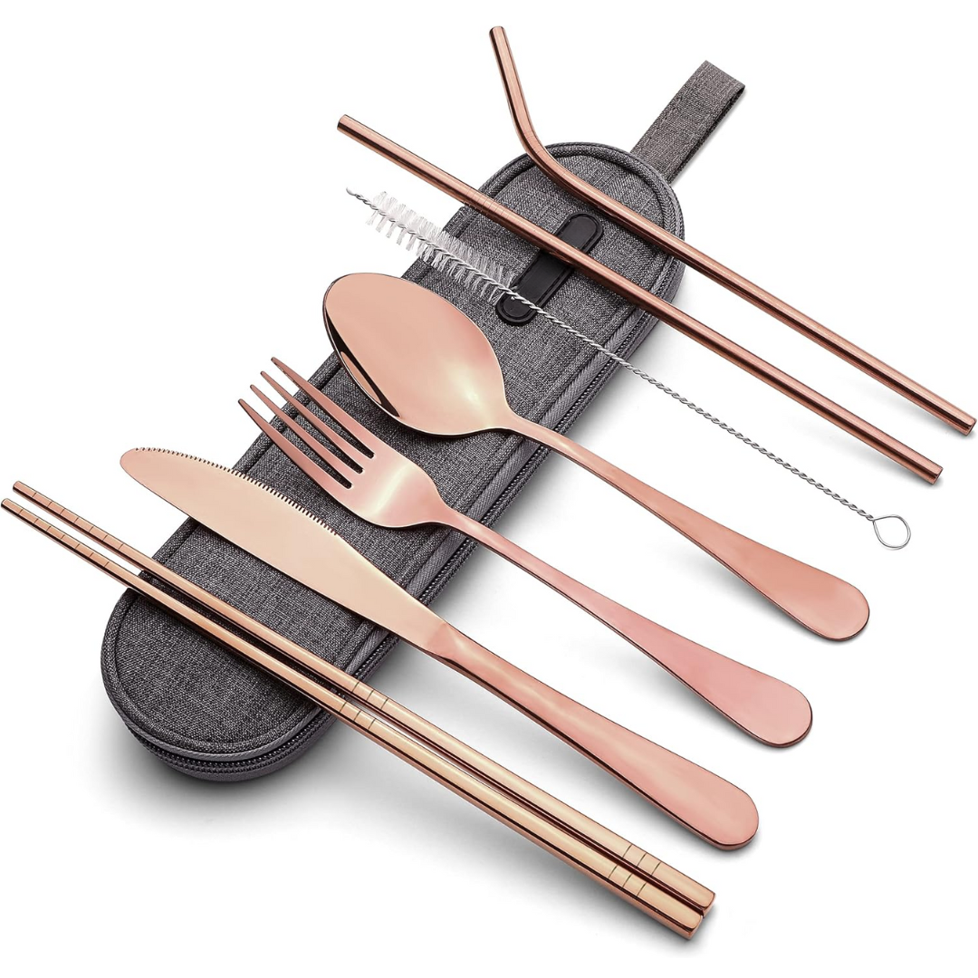 Eco-friendly reusable flatware set, perfect for camping and lunch.