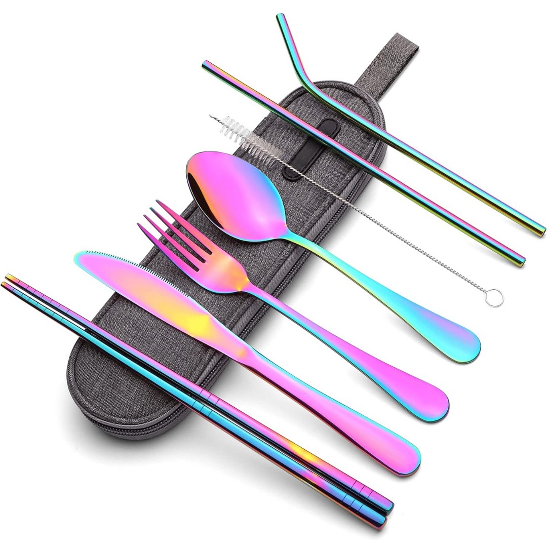 Durable stainless steel portable dining set for travelers.