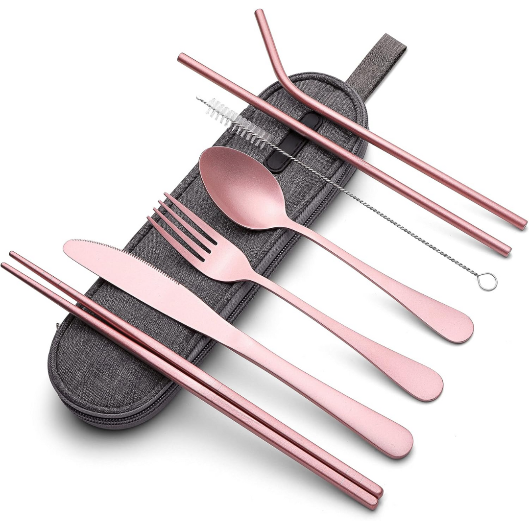 On-the-go stainless steel cutlery kit with case for picnics.