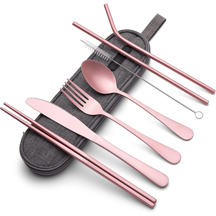 On-the-go stainless steel cutlery kit with case for picnics.