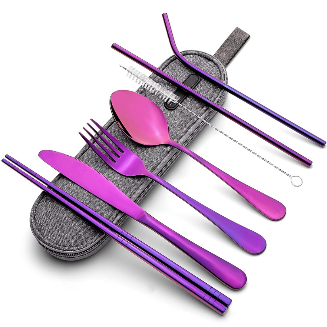 Travel-friendly stainless steel fork, spoon, knife set.