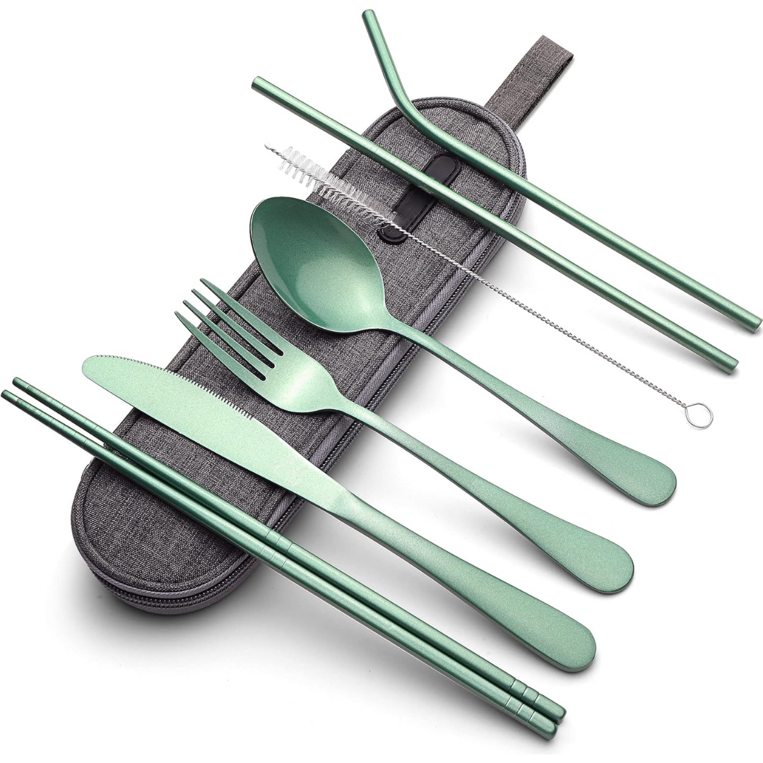 Reusable stainless steel utensil set for sustainable living.