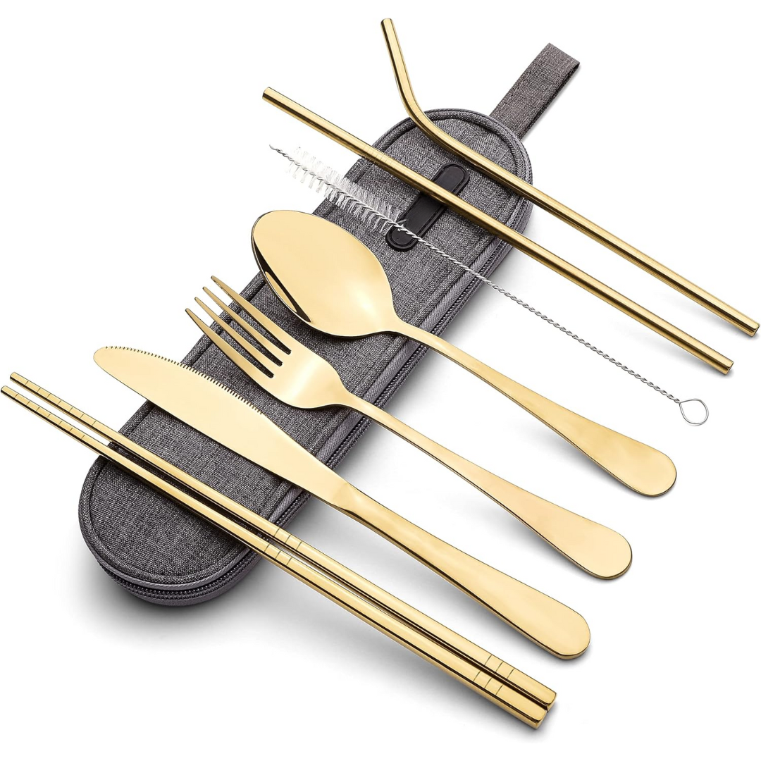 Portable lunch set: stainless steel fork, spoon, knife in case.