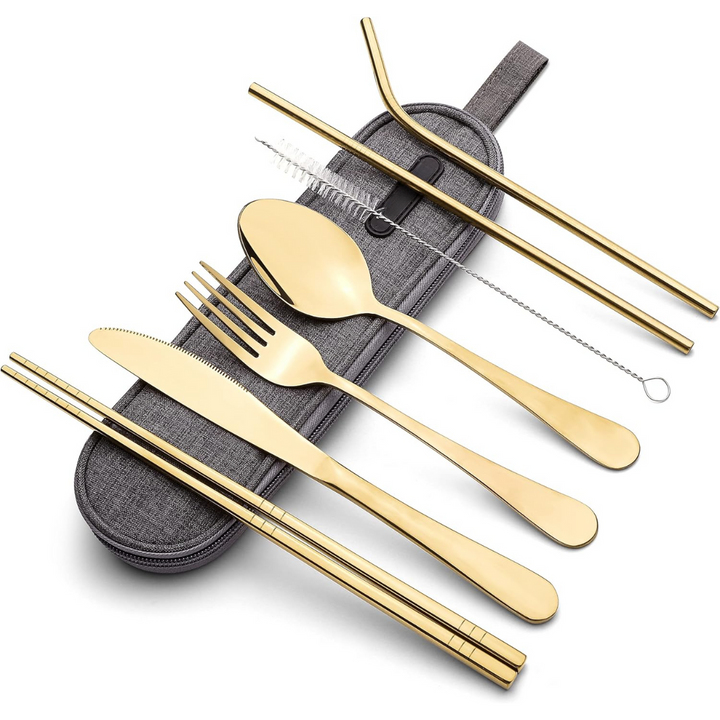 Portable lunch set: stainless steel fork, spoon, knife in case.