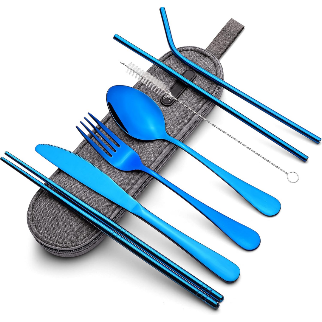 Camping gear: stainless steel flatware set for outdoor meals.