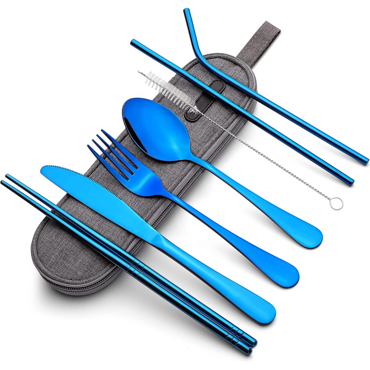 Camping gear: stainless steel flatware set for outdoor meals.