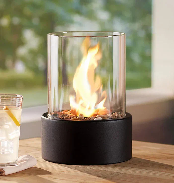 Sleek modern design tabletop fire pit, a trendy flame lantern for elegant indoor decor & outdoor living spaces.