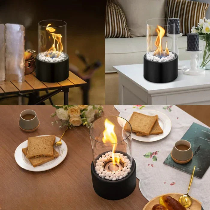 Trendy GlowLuxe portable tabletop fire pit, providing beautiful ambiance light for indoor and outdoor spaces.