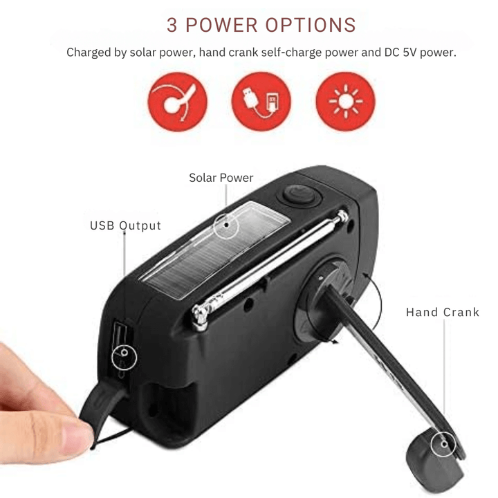 "Portable wind-up radio with LED flashlight and power bank, compact design, suitable for AM/FM/weather alerts and emergencies