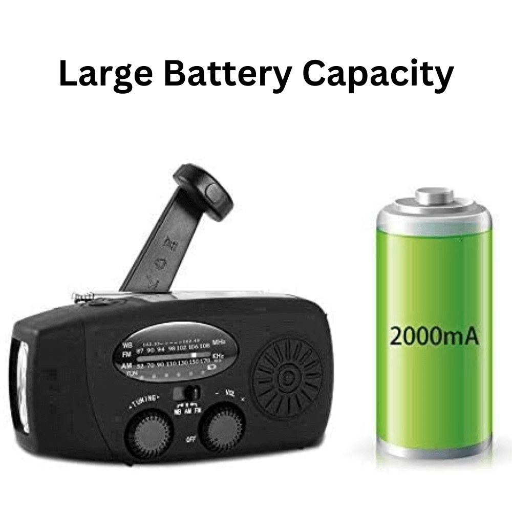 "Portable wind-up radio with LED flashlight and power bank, compact design, suitable for AM/FM/weather alerts and emergencies