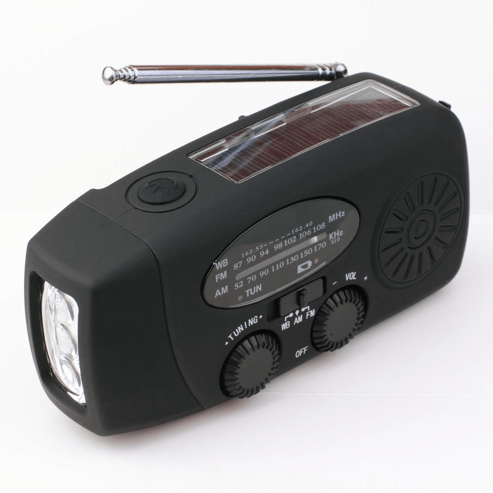 "Portable wind-up radio with LED flashlight and power bank, compact design, suitable for AM/FM/weather alerts and emergencies