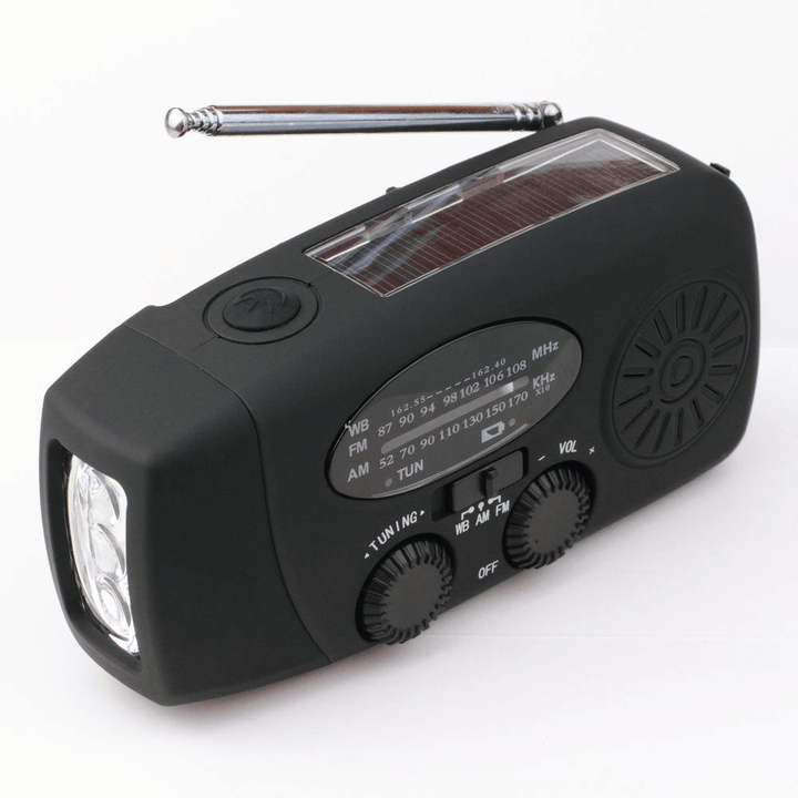 "Portable wind-up radio with LED flashlight and power bank, compact design, suitable for AM/FM/weather alerts and emergencies