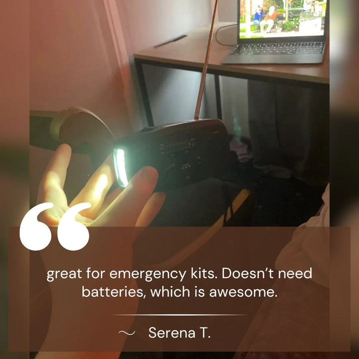 "Portable wind-up radio with LED flashlight and power bank, compact design, suitable for AM/FM/weather alerts and emergencies