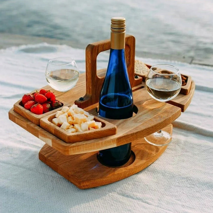 Portable wooden picnic wine table, foldable, perfect for outdoor entertaining, park, beach, or garden.