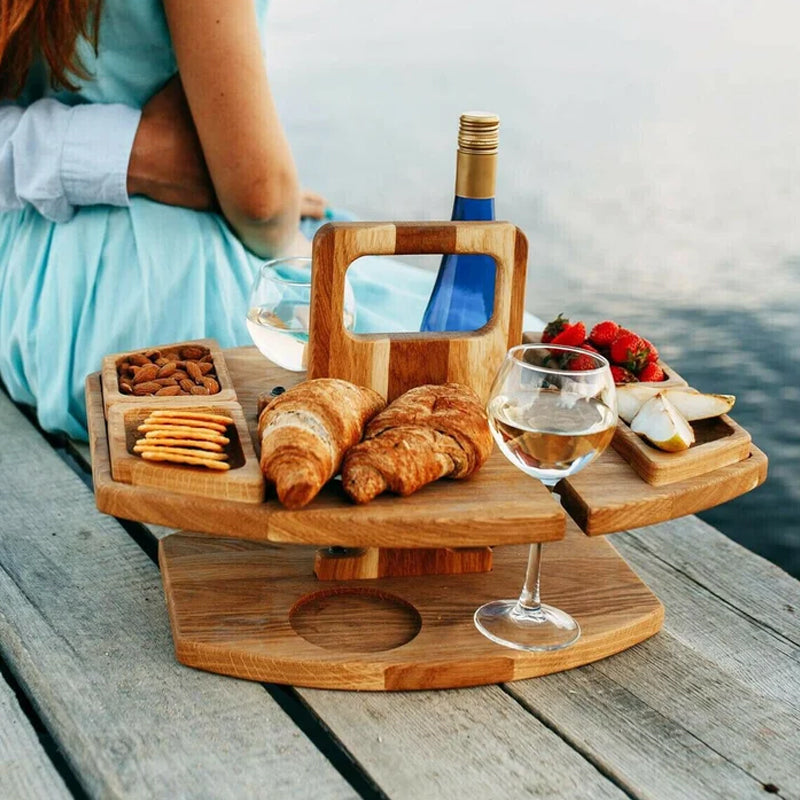 Compact wooden wine table, portable for picnics, beach trips, park outings & garden living. Easy setup.