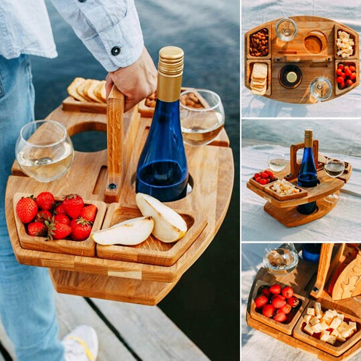 Versatile foldable wooden outdoor table for picnics, wine, snacks. A must-have portable accessory.