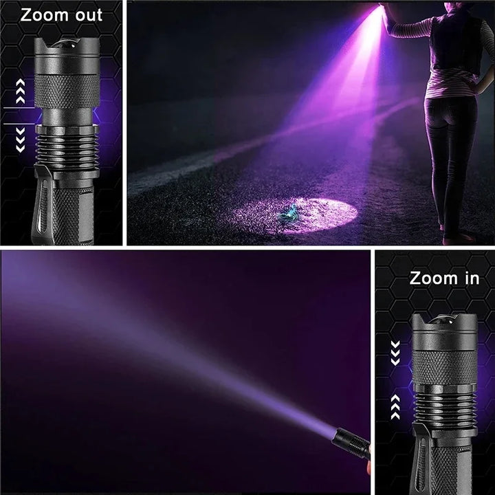 Powerful ultraviolet flashlight for pet urine stain detection. Essential home inspection and cleaning tool.