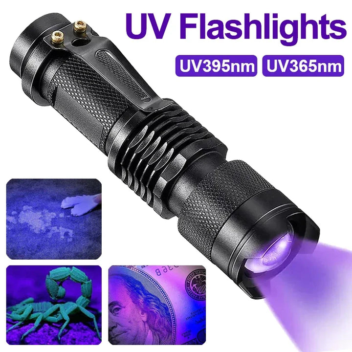 Effective UV flashlight to detect invisible pet urine stains. Ultraviolet inspection lamp for thorough cleaning.
