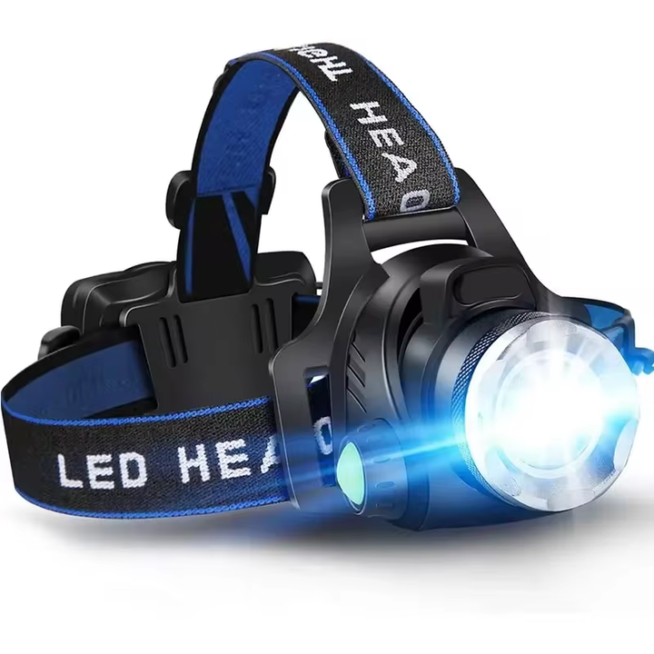 Powerful waterproof LED headlamp with zoom & rechargeable battery, ideal for outdoor adventures.