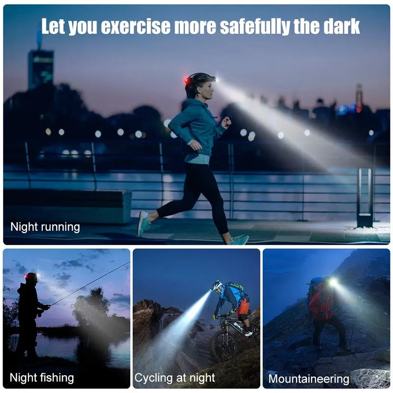 Hands-free powerful LED headlamp for hiking at night, waterproof & rechargeable with zoom.