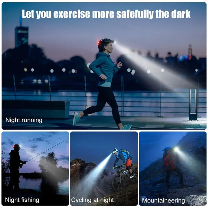 Hands-free powerful LED headlamp for hiking at night, waterproof & rechargeable with zoom.