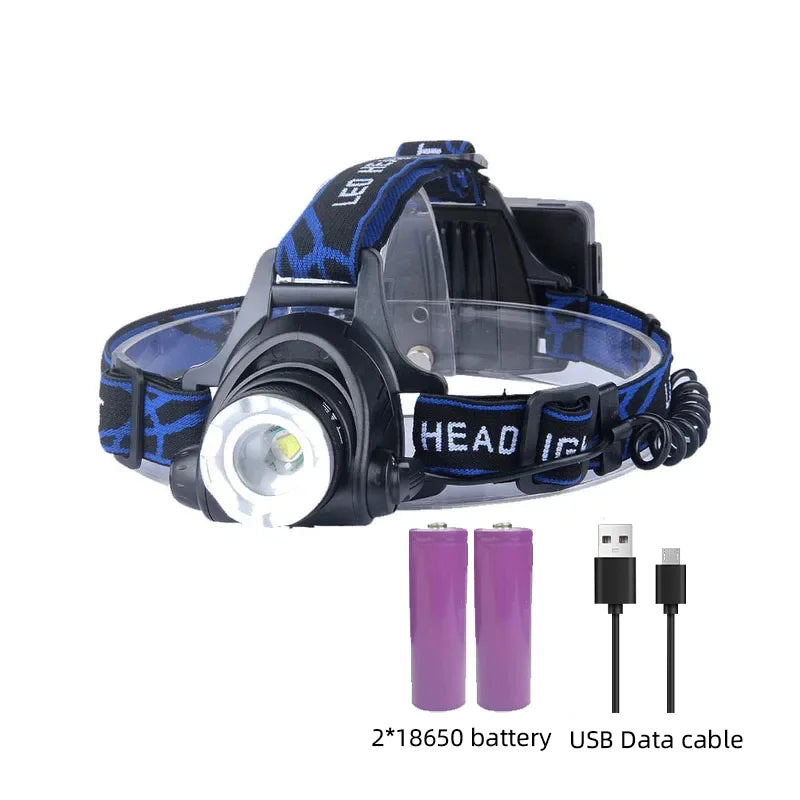 Unisex powerful waterproof LED headlamp, zoom, rechargeable for camping, hiking, & outdoor gear.