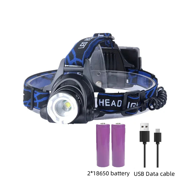 Unisex powerful waterproof LED headlamp, zoom, rechargeable for camping, hiking, & outdoor gear.