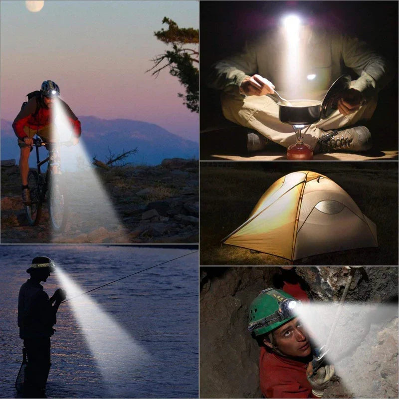 Rechargeable LED headlamp for camping, hiking, & night adventures; waterproof, powerful zoom light.