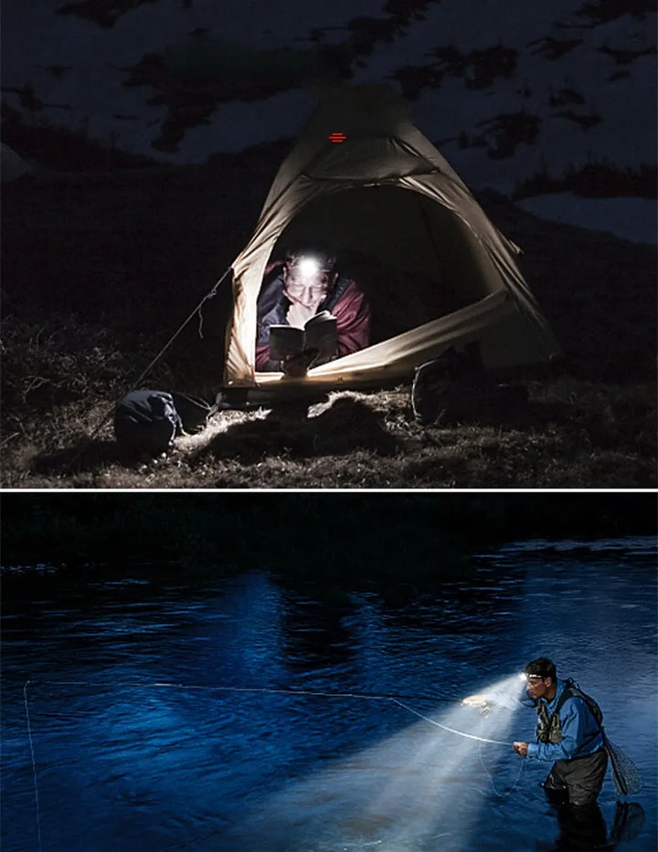 Zoomable LED headlamp, waterproof, powerful, rechargeable battery, perfect for outdoor night exploration.