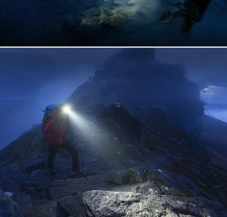 Durable waterproof LED headlamp, powerful light, rechargeable for rugged outdoor gear & activities.