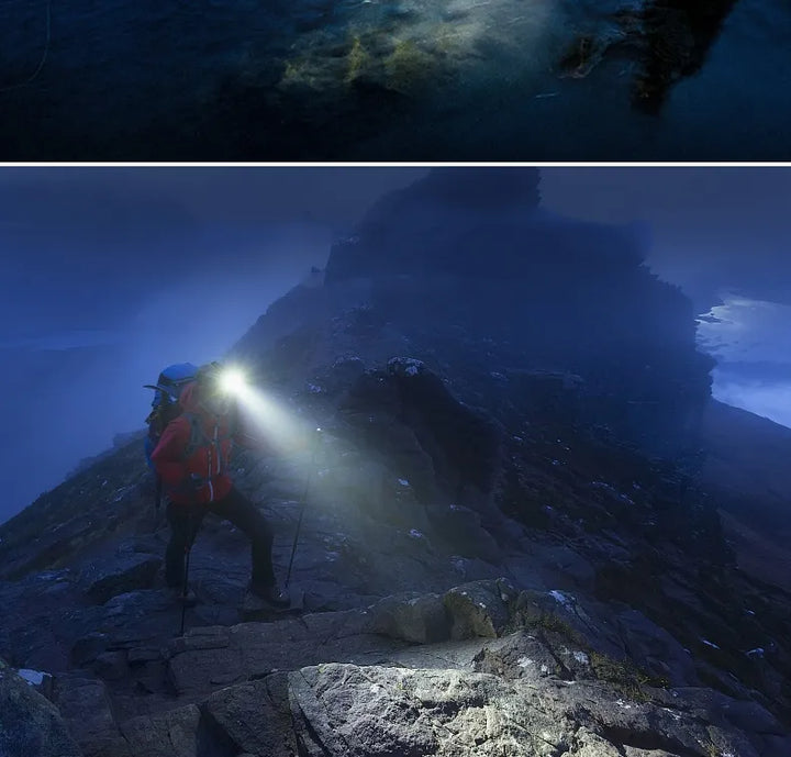Durable waterproof LED headlamp, powerful light, rechargeable for rugged outdoor gear & activities.