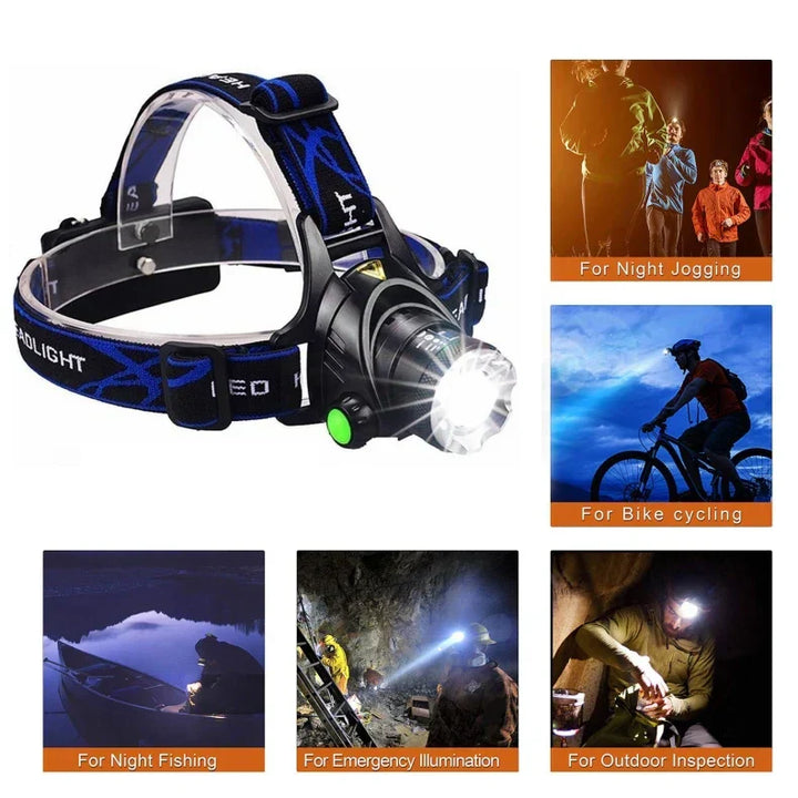 Bright powerful LED headlamp with zoom function, rechargeable battery for ultimate outdoor visibility.